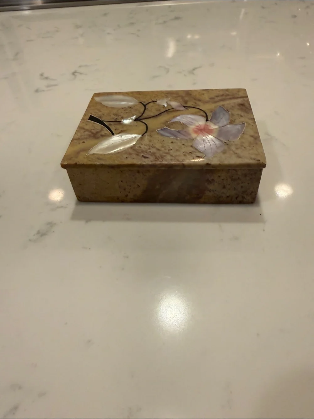 Vintage Soapstone Trinket Box Mother of Pearl Floral Inlay with Lid